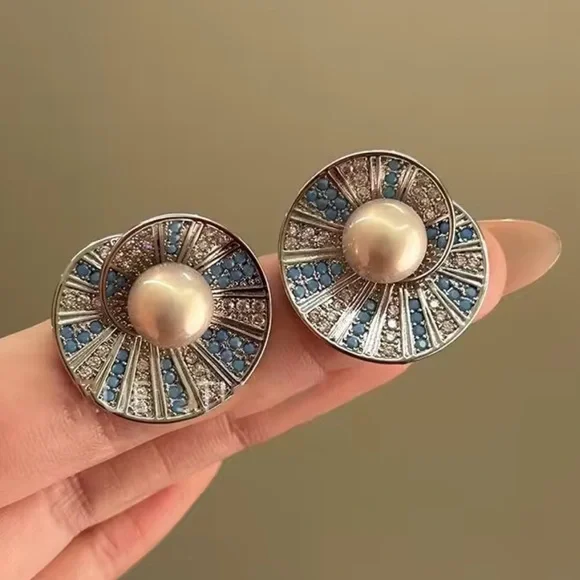 Round Pearl Statement Earrings with Blue Stones - Picture 4 of 6